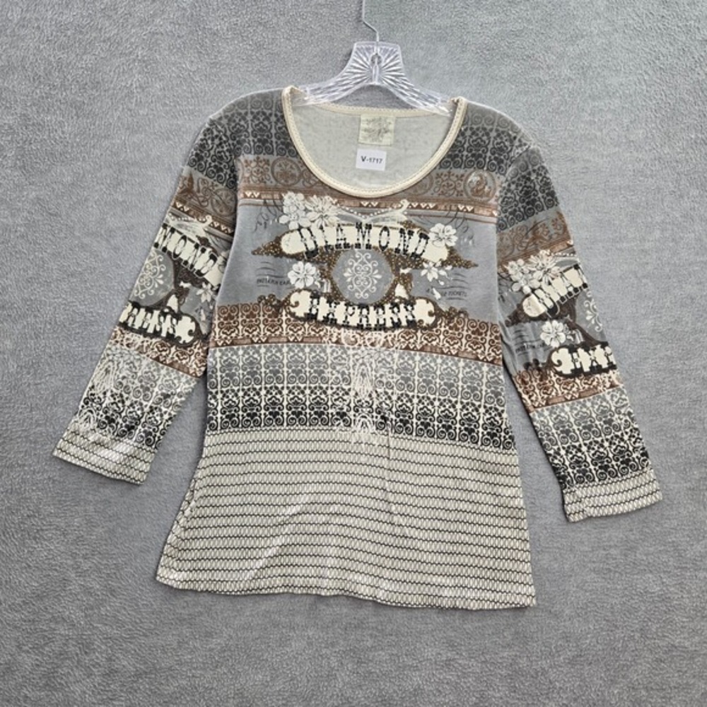 VINTAGE Skinny Minnie Women Top Large Gray Shirt Diamond Express Rhinestones Y2K